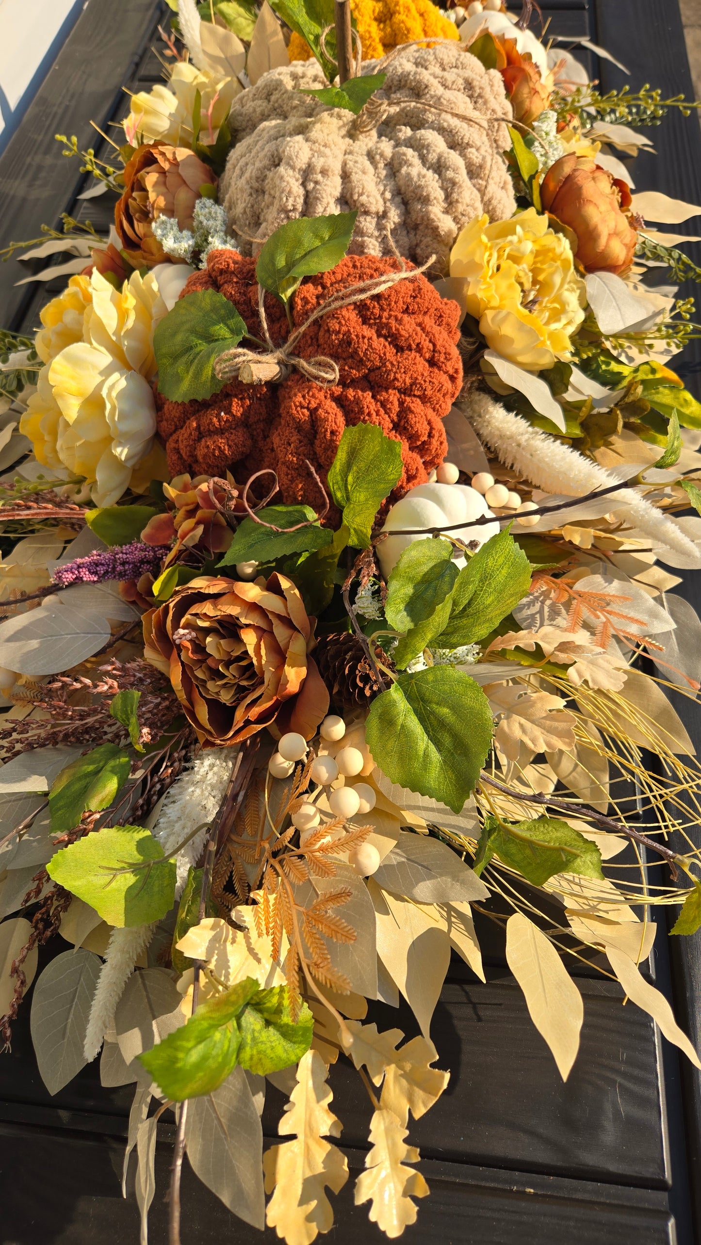 Fall Pumpkin Centerpiece or Door Swag – Rustic Harvest Décor with Handmade Knit Pumpkins