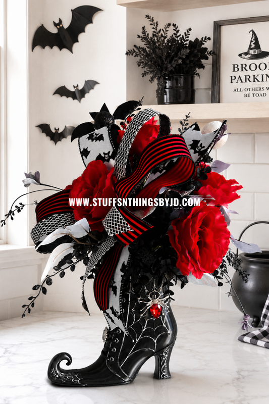 Whimsical Witch Boot Floral Arrangement | Gothic Halloween Centerpiece with Red Roses & Bats