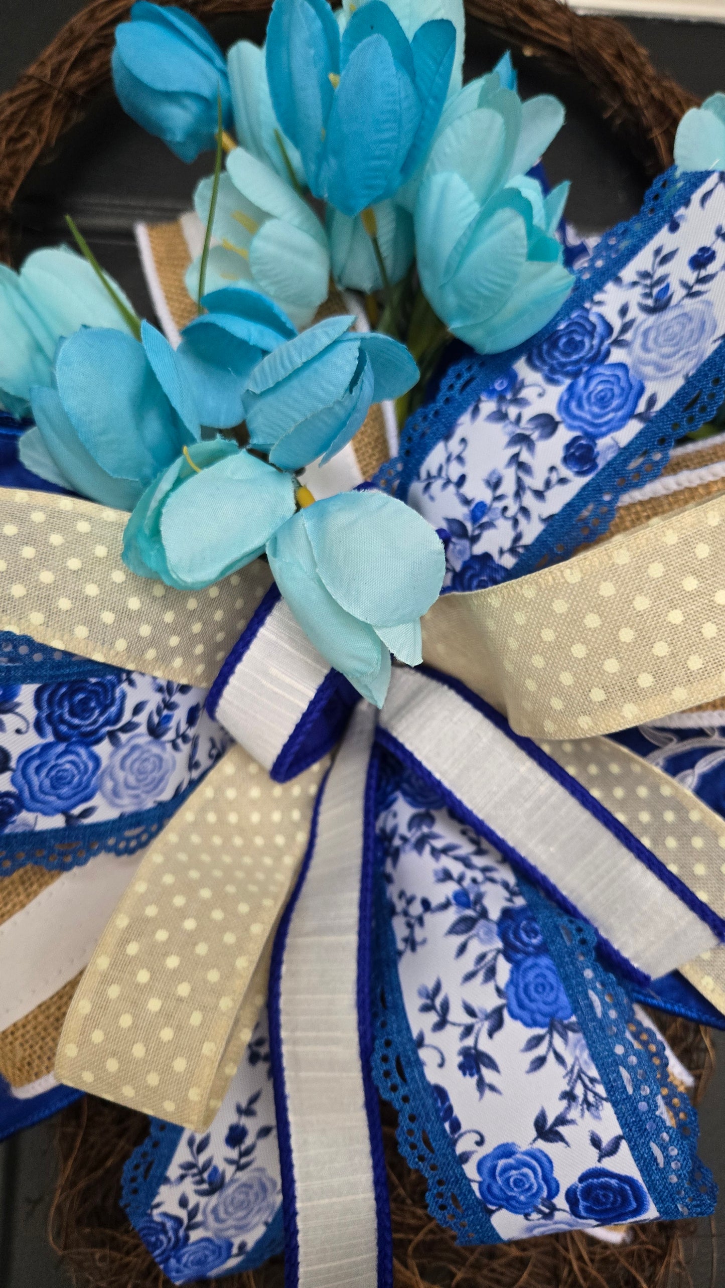 Blue Spring Tulip Twig Basket Wreath | Farmhouse Front Door Decor | Blue & White Floral Door Hanger | Everyday Spring Wreath