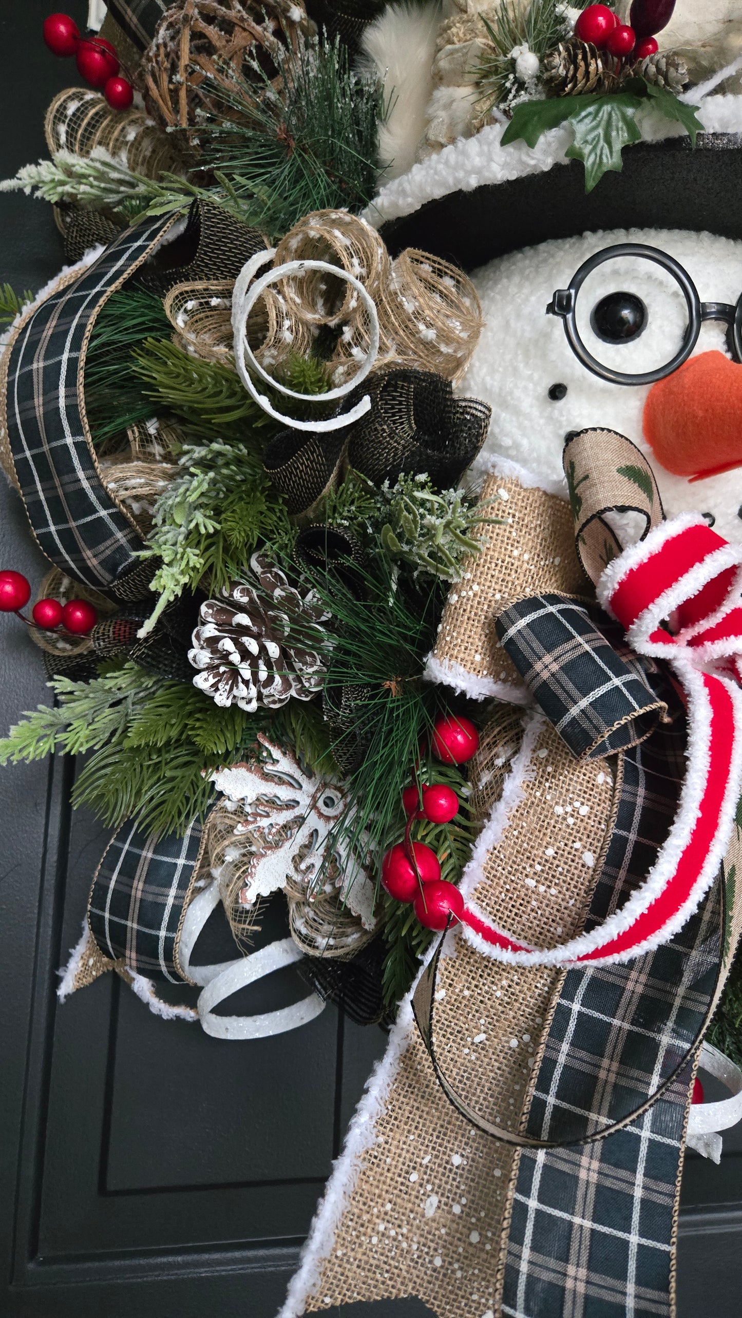 Rustic Snowman Christmas Wreath with Glasses – Holiday Seasonal Door Wreath with Pinecones & Woodland Accents