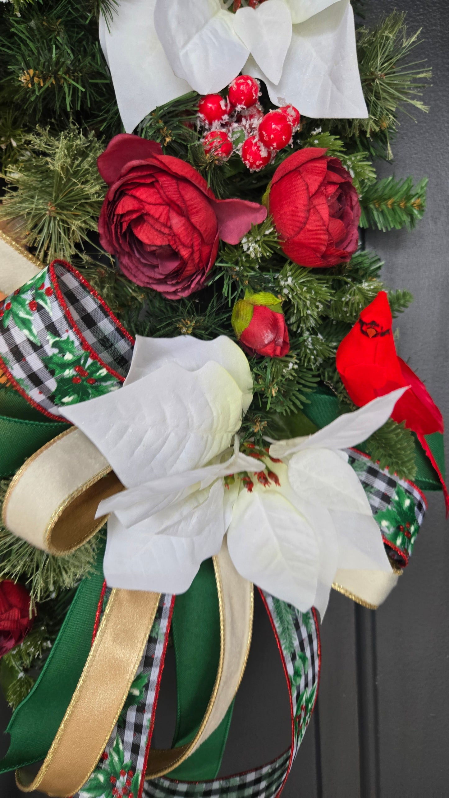 Lantern Christmas Wreath with Lights – Red & White Poinsettia Wreath