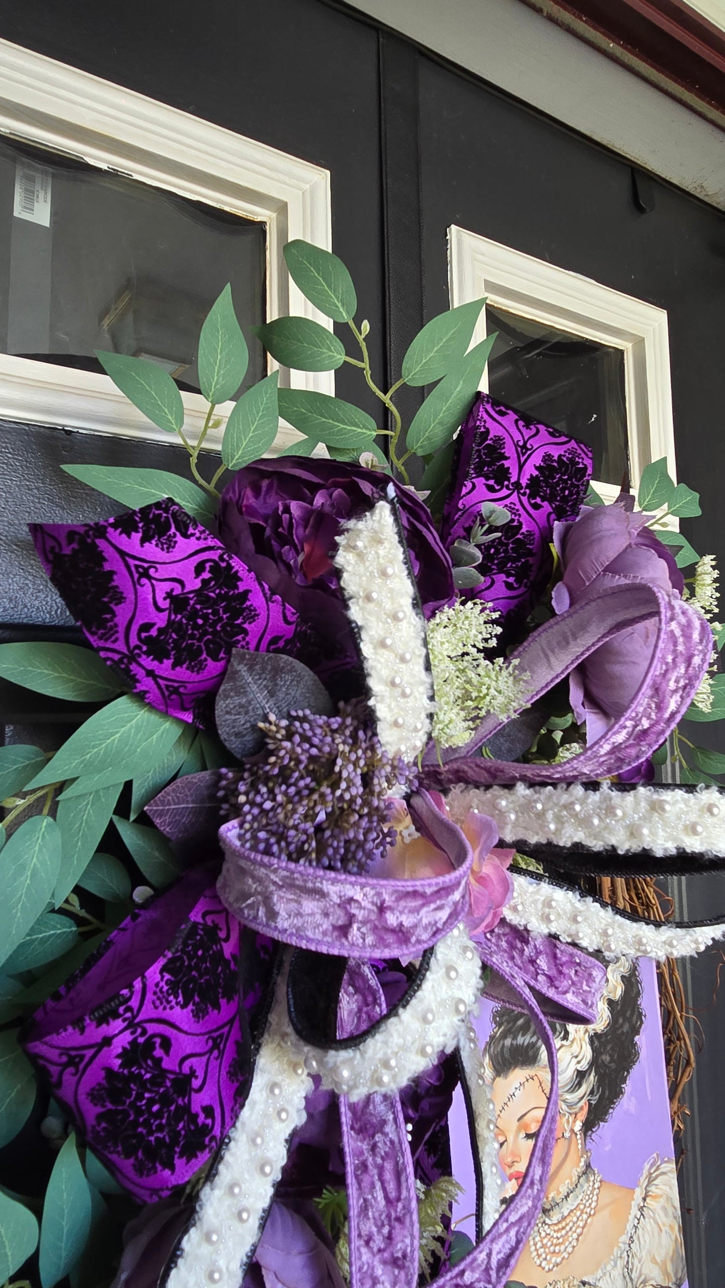 Glam Romantic Bride - Purple Floral Grapevine Wreath with Velvet Ribbon & Gothic Art Accent