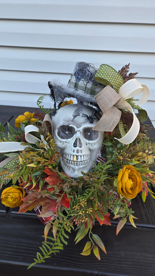 Animated Halloween or Fall Skull Centerpiece with Light-Up Eyes - Gothic Fall Floral Arrangement with Moving Hat