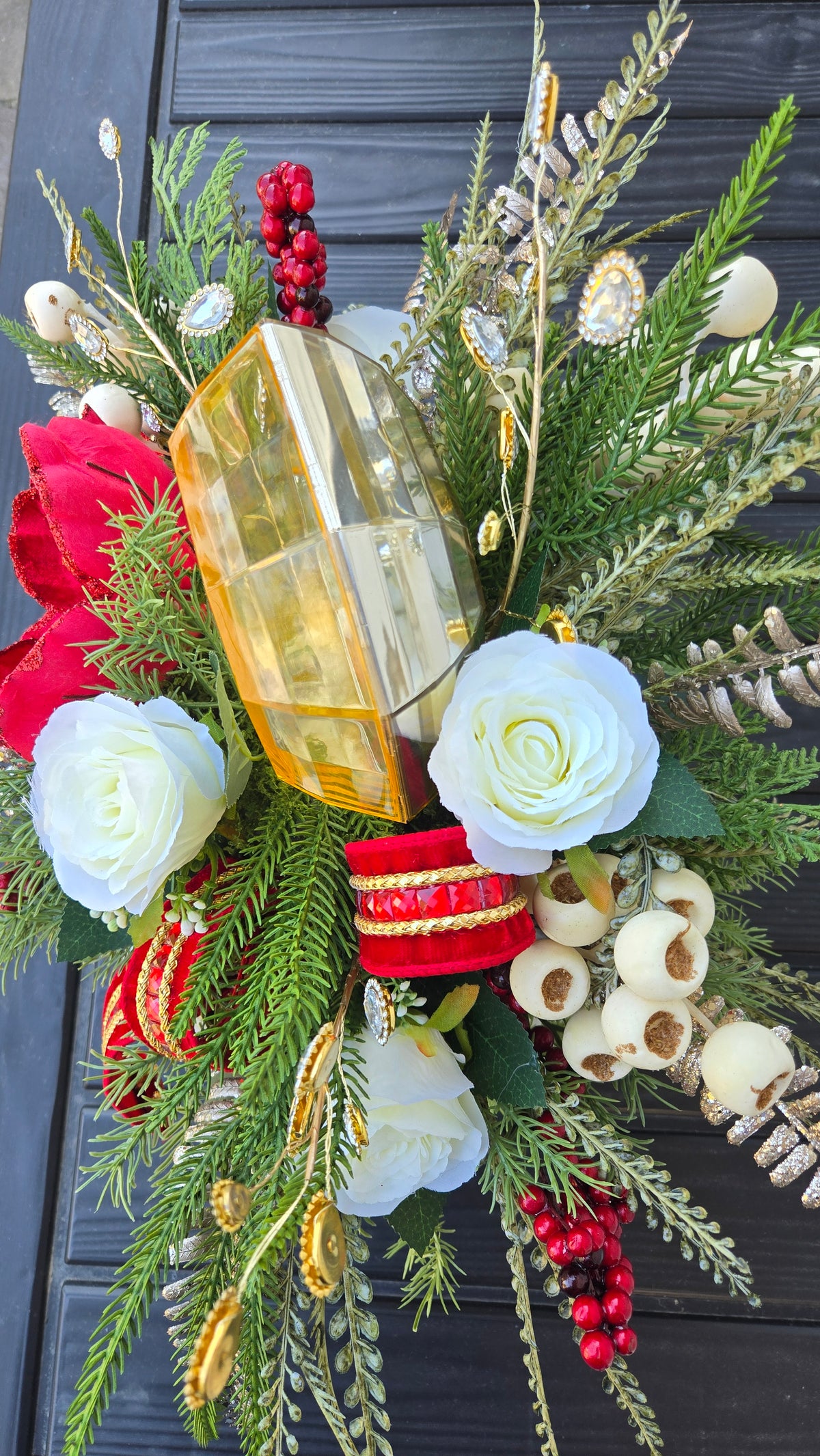 Red & Gold Christmas Floral Centerpiece | Magnolia Holiday Arrangement | Luxury Table Decor