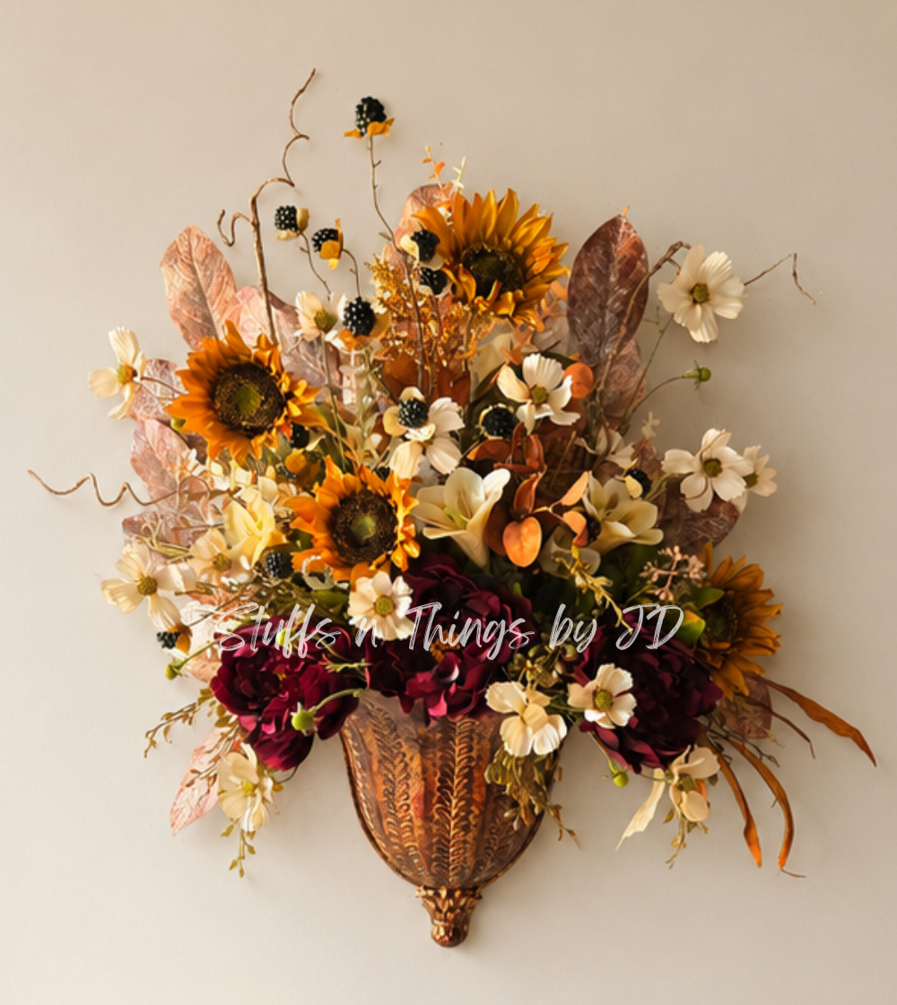 Copper Harvest Wall Pocket Arrangement | Luxury Fall Floral Wall Decor with Sunflowers & Burgundy Blooms