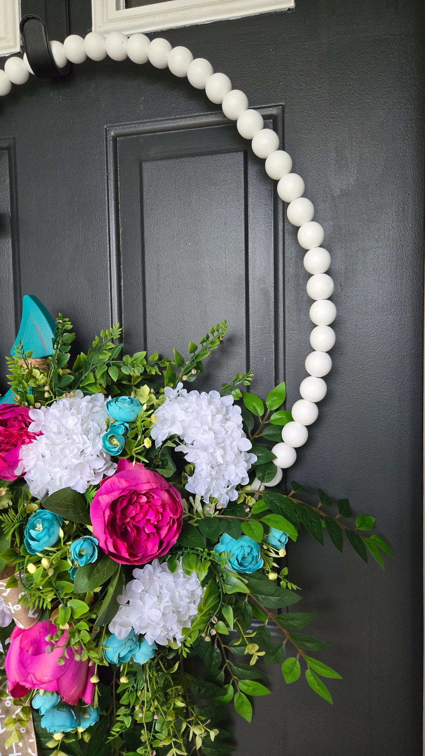 Coastal Bead Wreath with Turquoise Anchor & Lush Florals | Oversized Front Door Statement