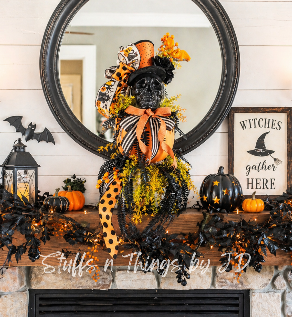 Gothic Flower Arrangement - Skull & Pumpkin Candlestick Halloween Decor