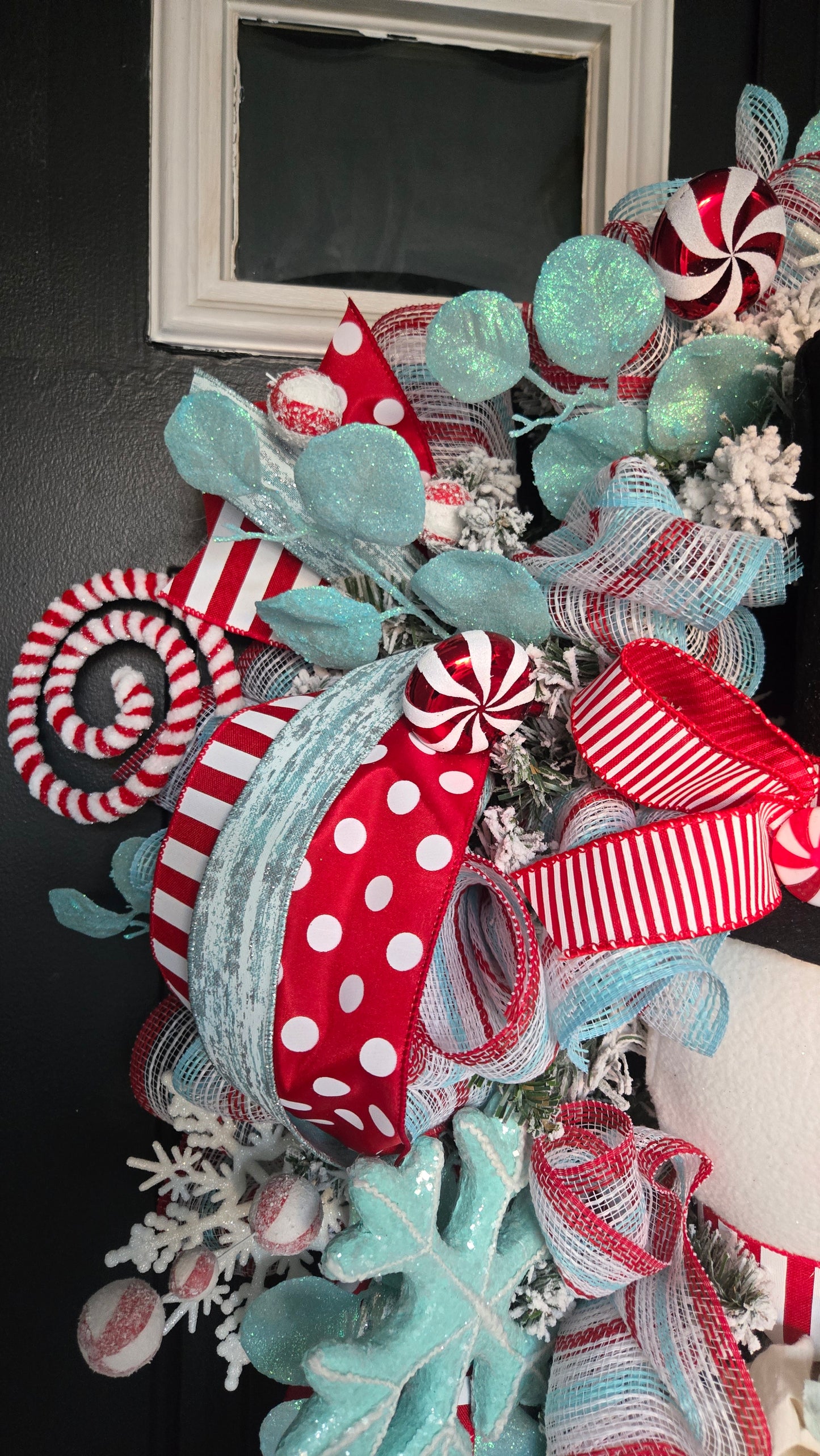 Whimsical Snowman Christmas Wreath with Rag Bow – Peppermint Holiday Door Decor in Red, White & Aqua