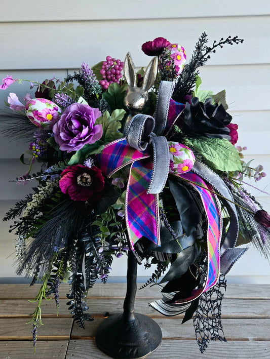 Gothic Arrangement - Academia Purple Sitting Bunny Candlestick Centerpiece