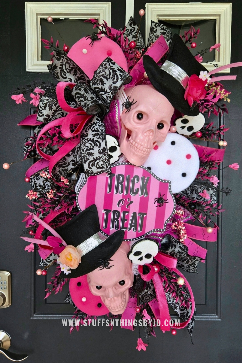 Halloween Swag Wreath – Pink & Black Skull Trick or Treat Door Hanger with Top Hats