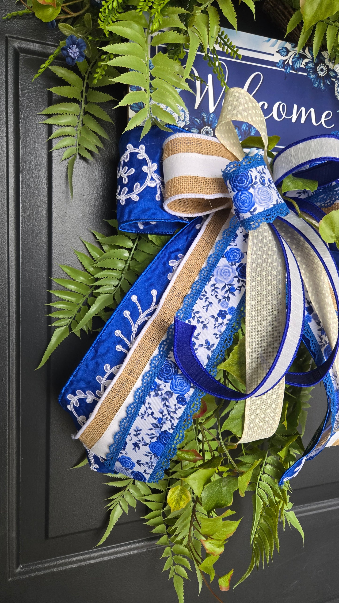 Chinoiserie Welcome Wreath | Everyday Greenery Door Wreath | Farmhouse Front Door Decor | All Season Fern Wreath with Bow