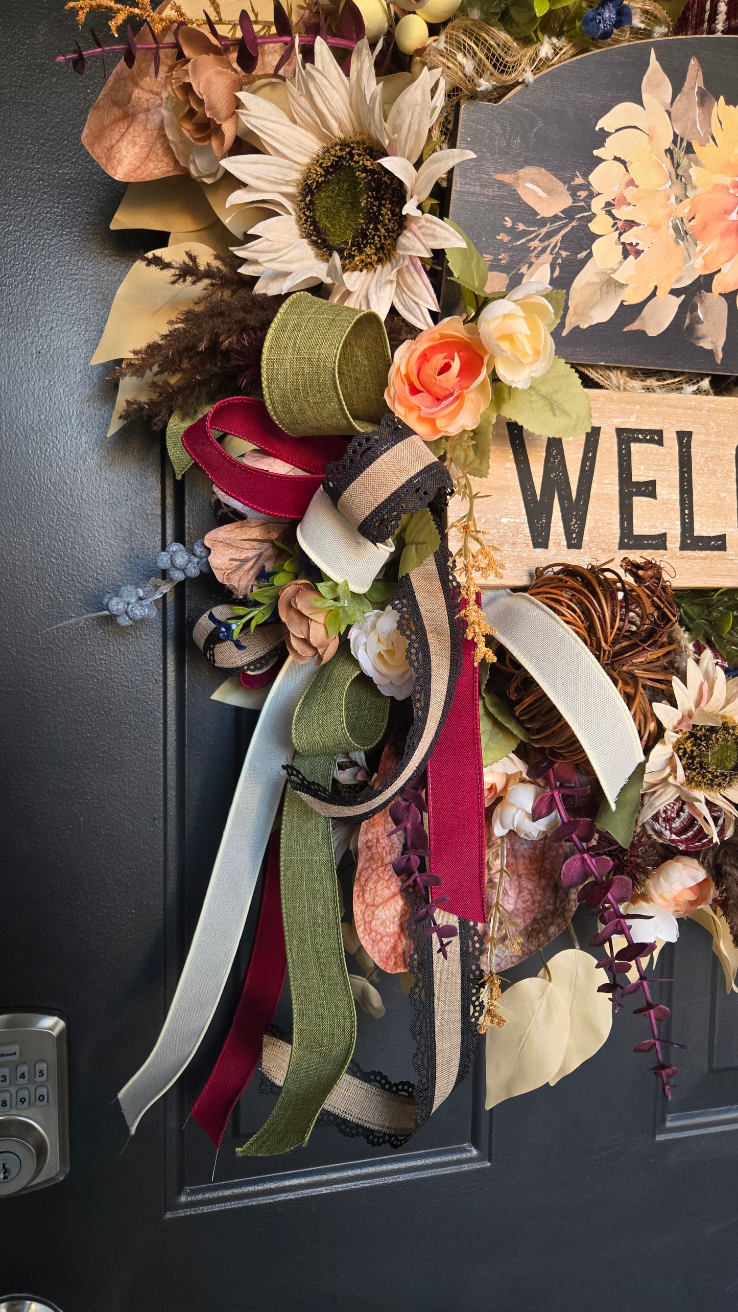 Fall Welcome Wreath with Sunflowers & Grapevine Pumpkin - Rustic Thanksgiving Farmhouse Front Door Décor