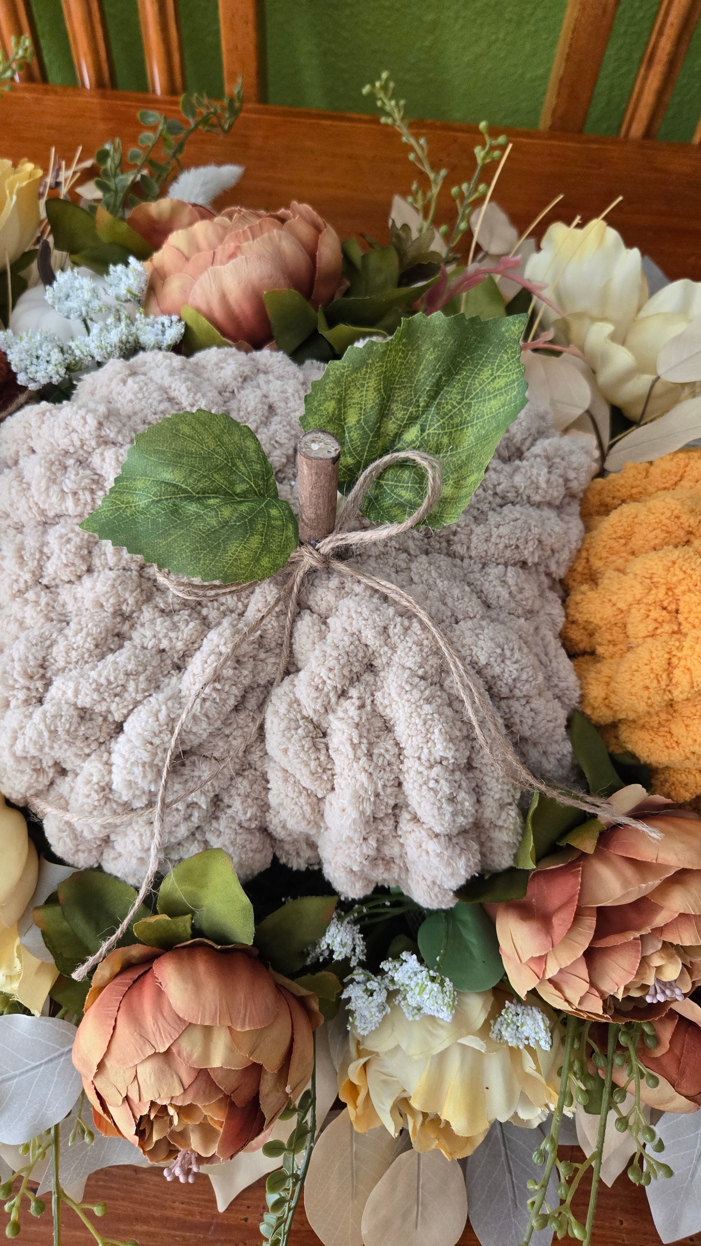 Fall Pumpkin Centerpiece or Door Swag – Rustic Harvest Décor with Handmade Knit Pumpkins