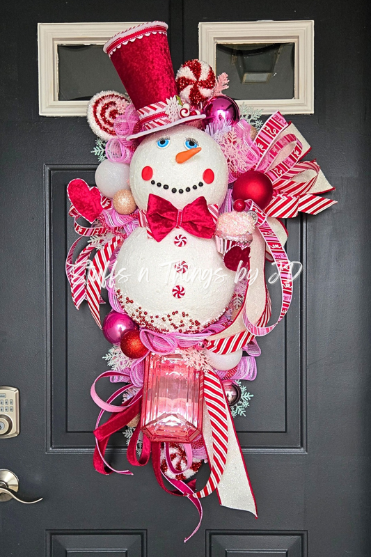 Pink Peppermint Snowman Swag – Winter Wreath Door Decor