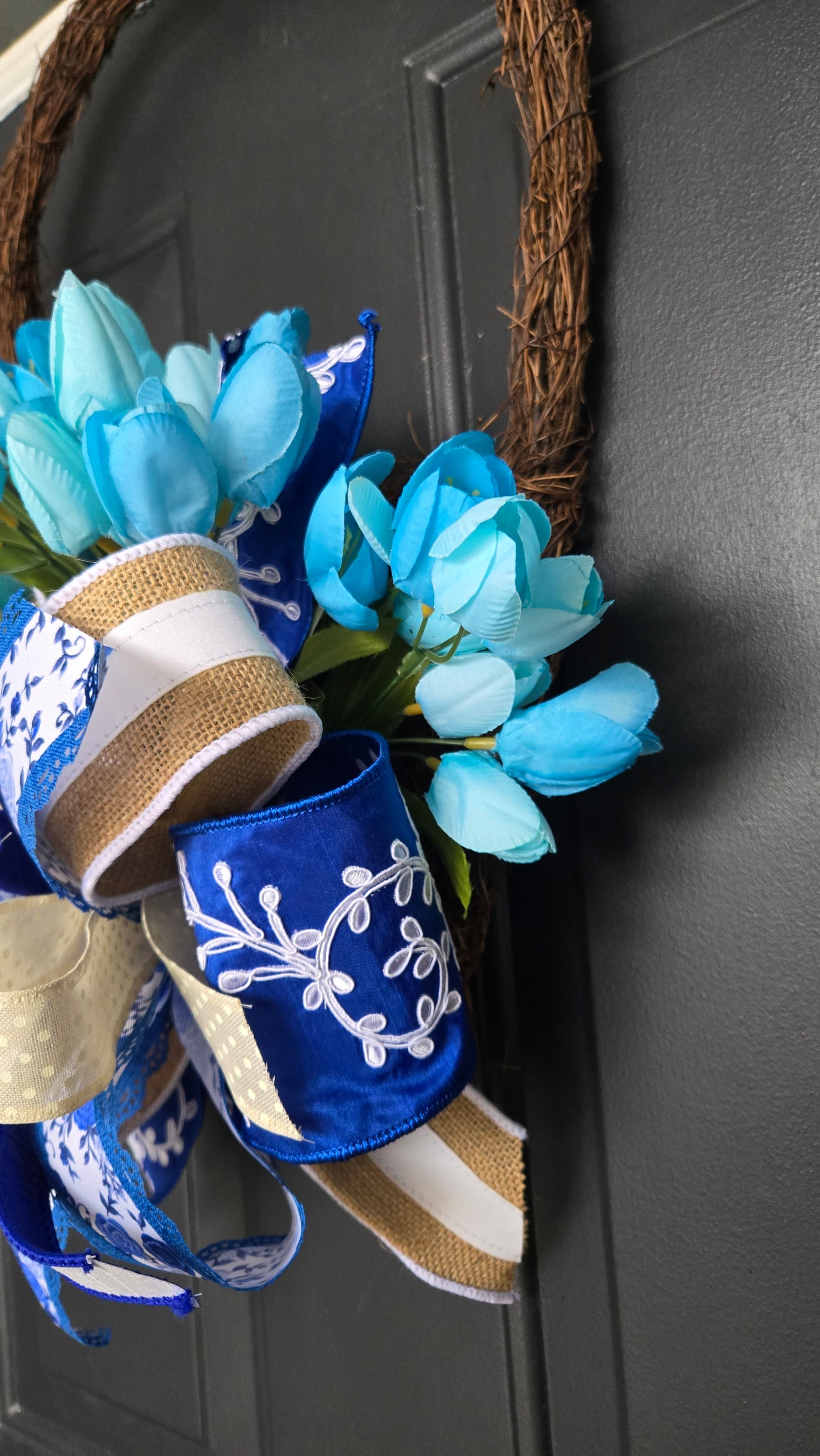 Blue Spring Tulip Twig Basket Wreath | Farmhouse Front Door Decor | Blue & White Floral Door Hanger | Everyday Spring Wreath