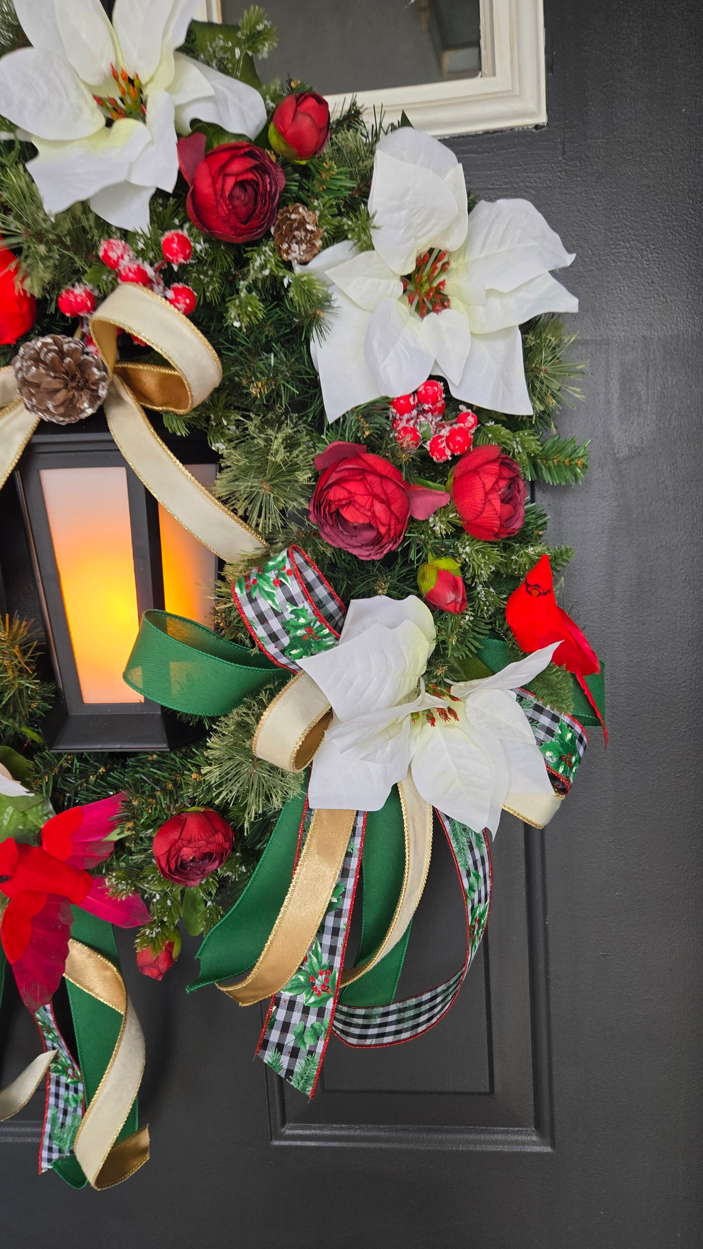 Lantern Christmas Wreath with Lights – Red & White Poinsettia Wreath