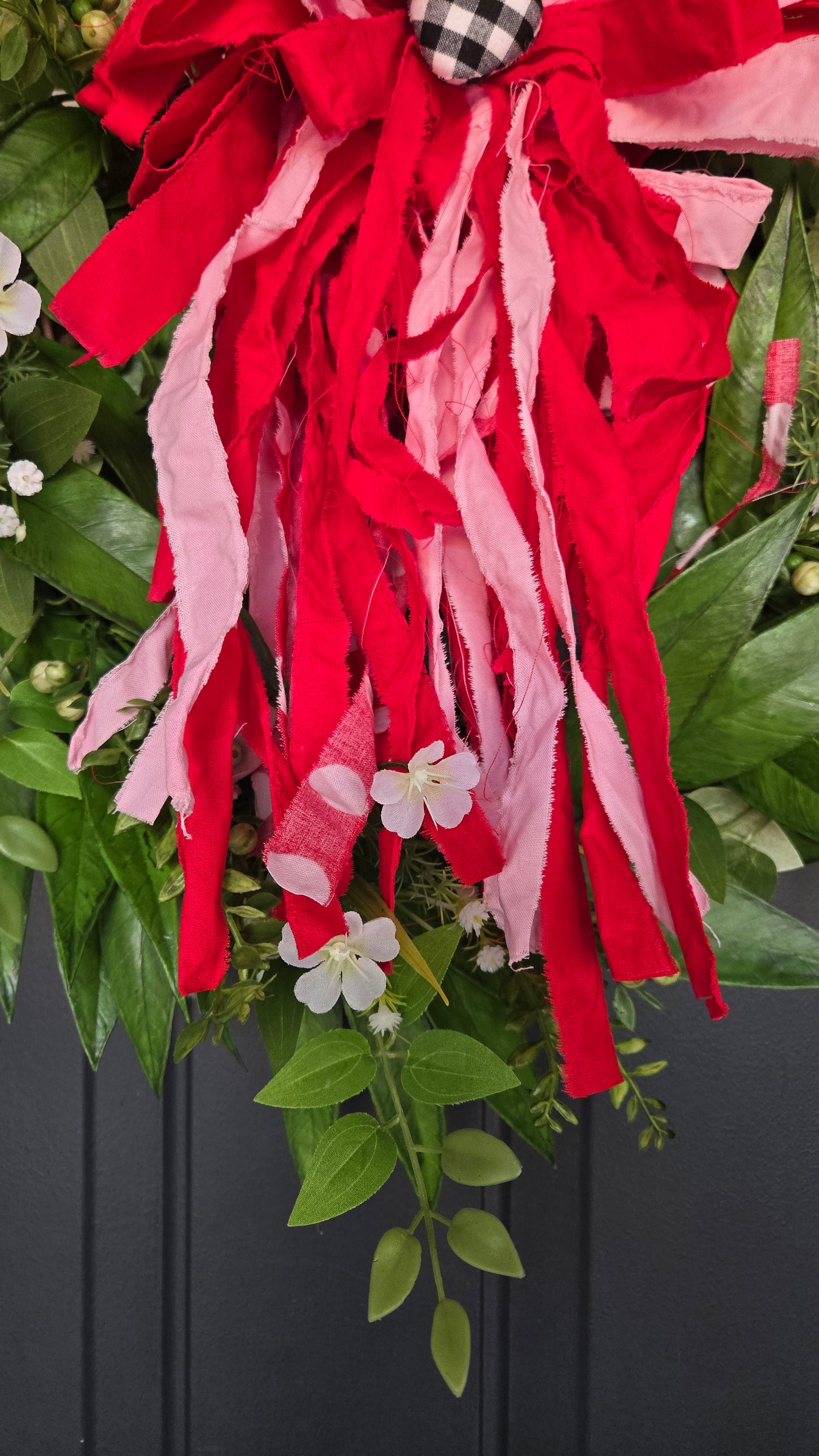 Valentine Greenery Wreath with Red & Pink Rag Bow | Farmhouse Front Door Decor | Everyday Spring Wreath