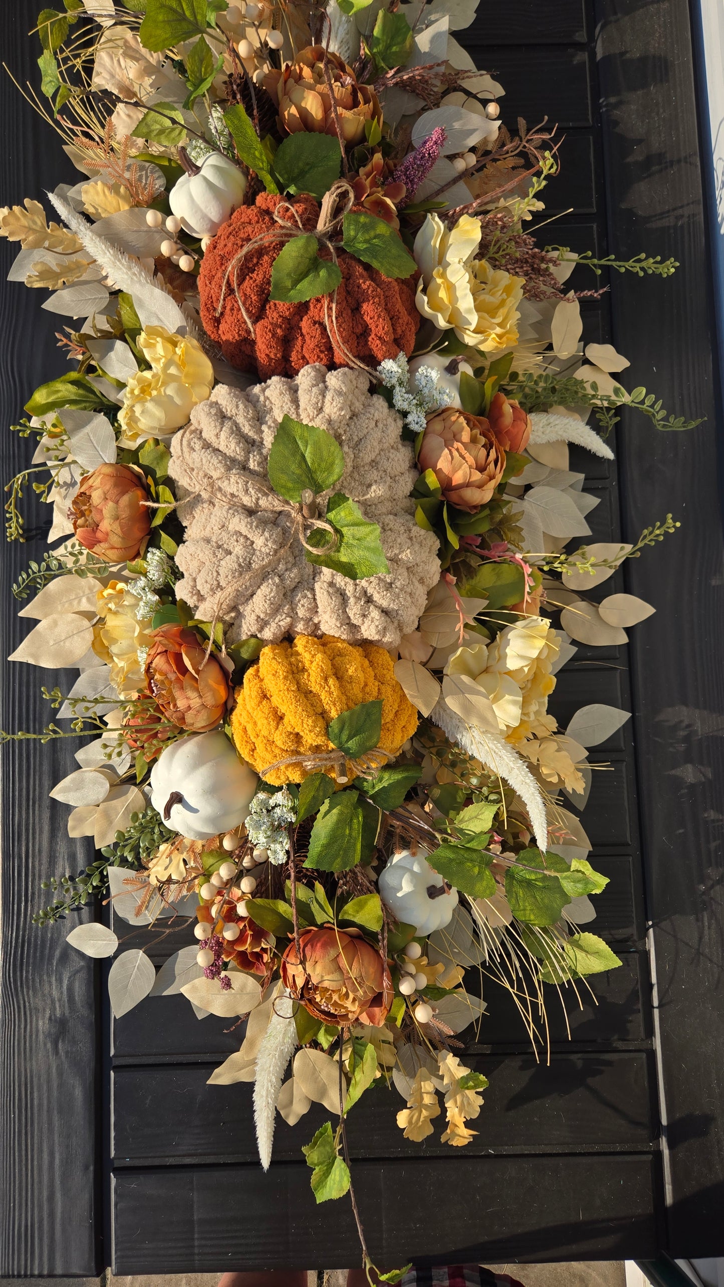 Fall Pumpkin Centerpiece or Door Swag – Rustic Harvest Décor with Handmade Knit Pumpkins