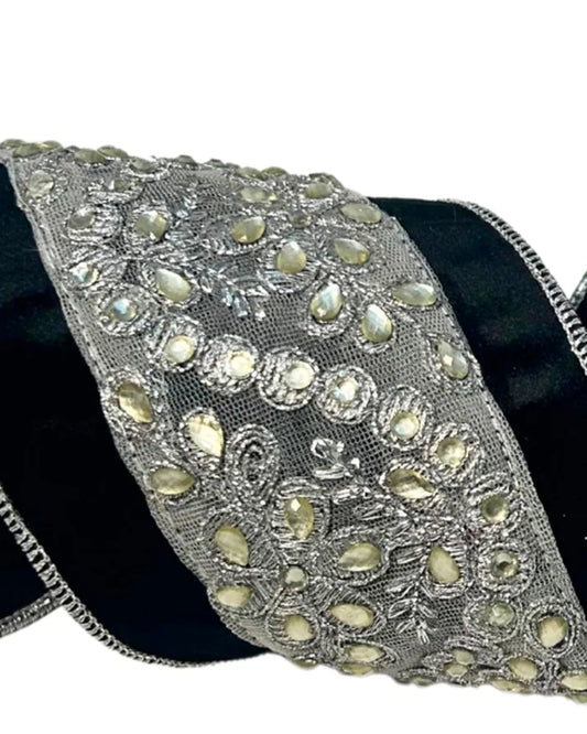 4" Black Velvet Silver Jewel Ribbon - 10 yards