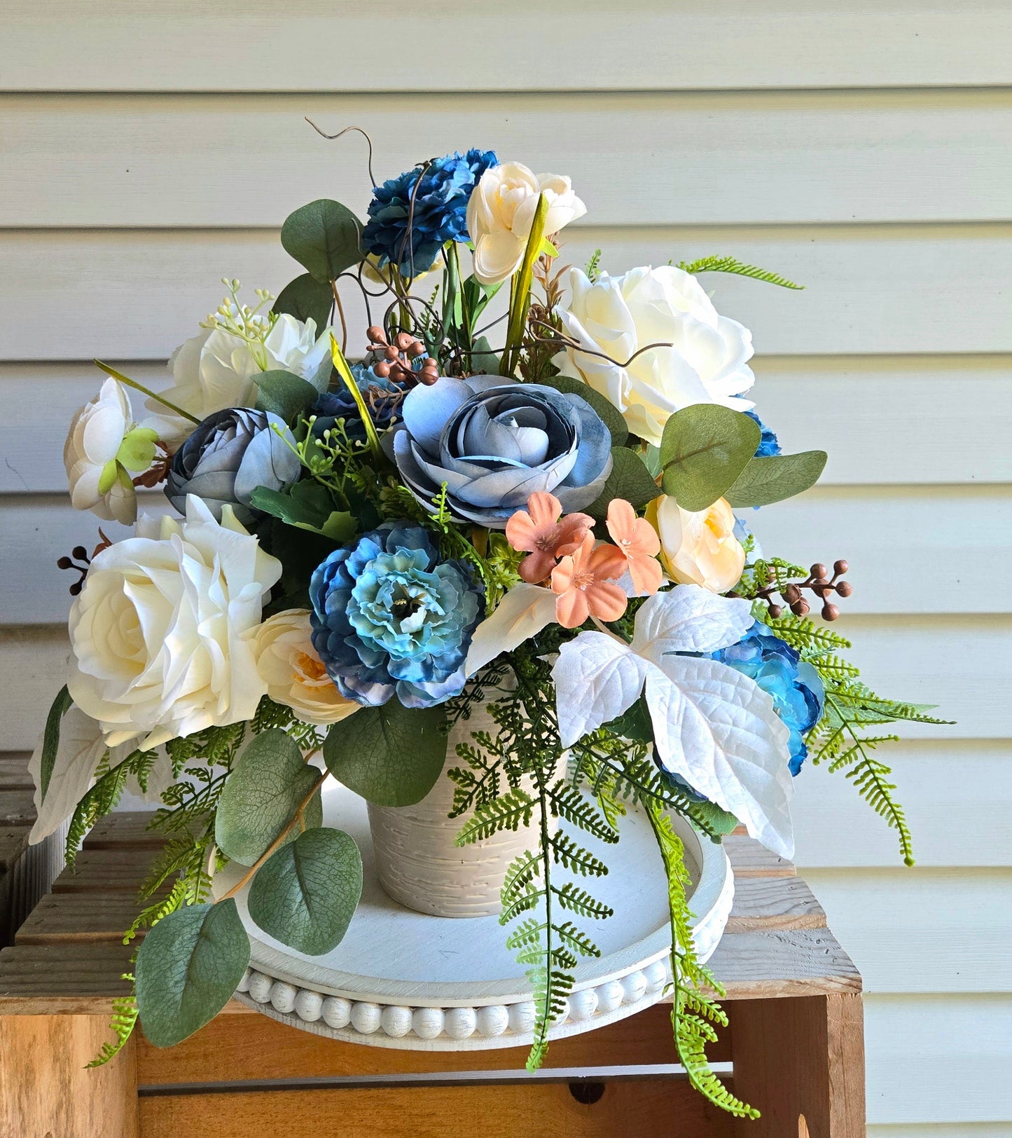 Blue Ranunculus & Cream Rose Floral Arrangement in Ceramic Planter | 16" Luxury Centerpiece