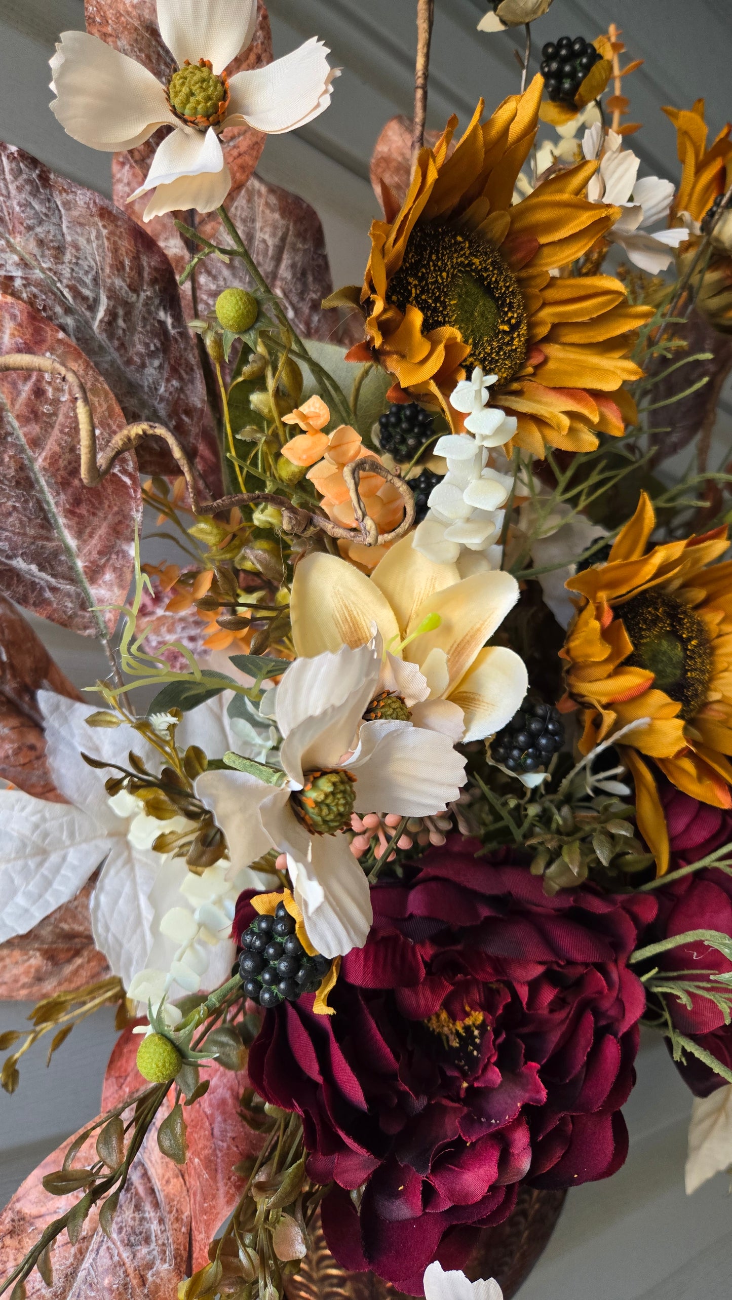 Copper Harvest Wall Pocket Arrangement | Luxury Fall Floral Wall Decor with Sunflowers & Burgundy Blooms