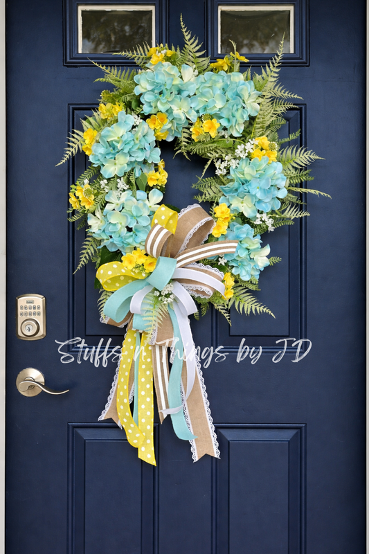 Spring Yellow & Aqua Hydrangea Front Door Wreath, Summer Fern Greenery Door Hanger, Farmhouse Cottagecore Grapevine