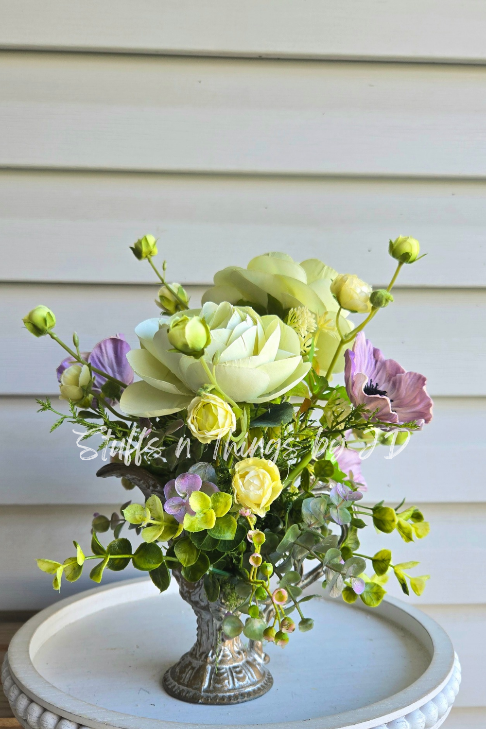 Vintage Ewer Floral Arrangement with Sage Green Ranunculus & Lavender Anemones