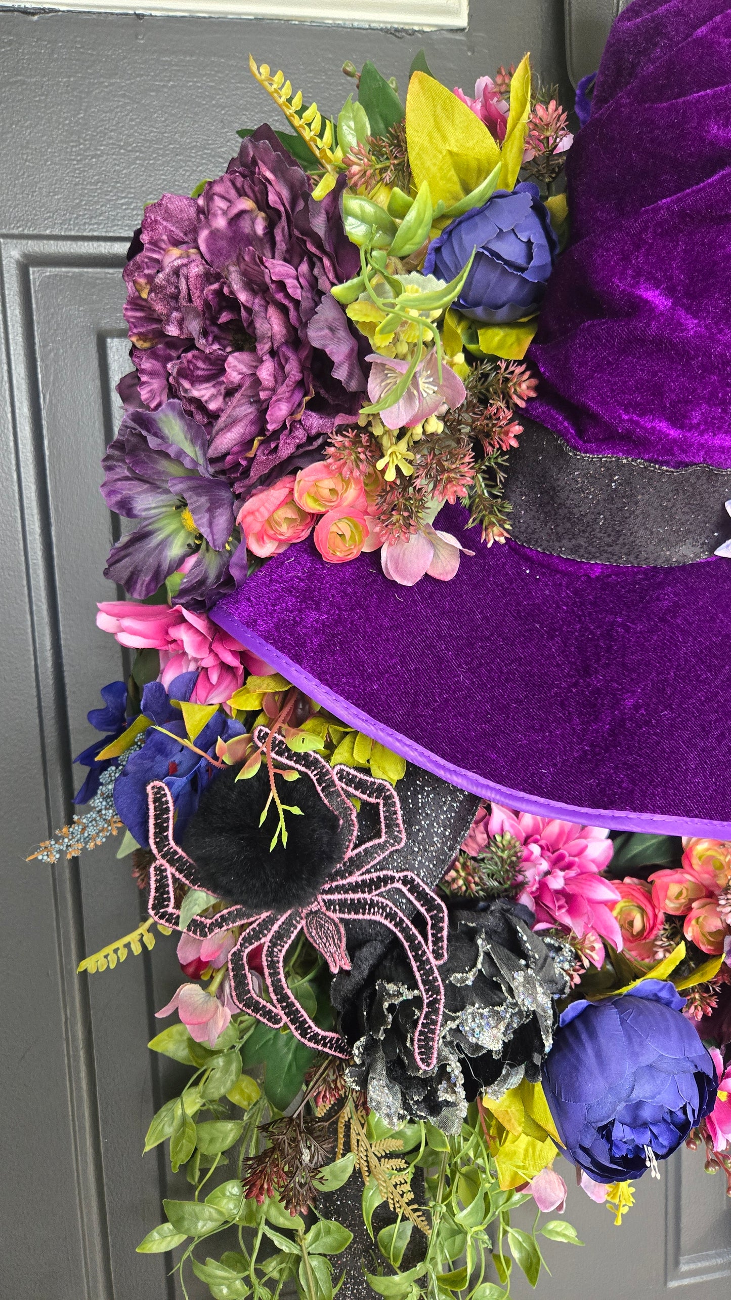Halloween Wreath – Witch Hat Floral Grapevine Door Decor with Velvet Hat, Spiders, and Fall Blooms