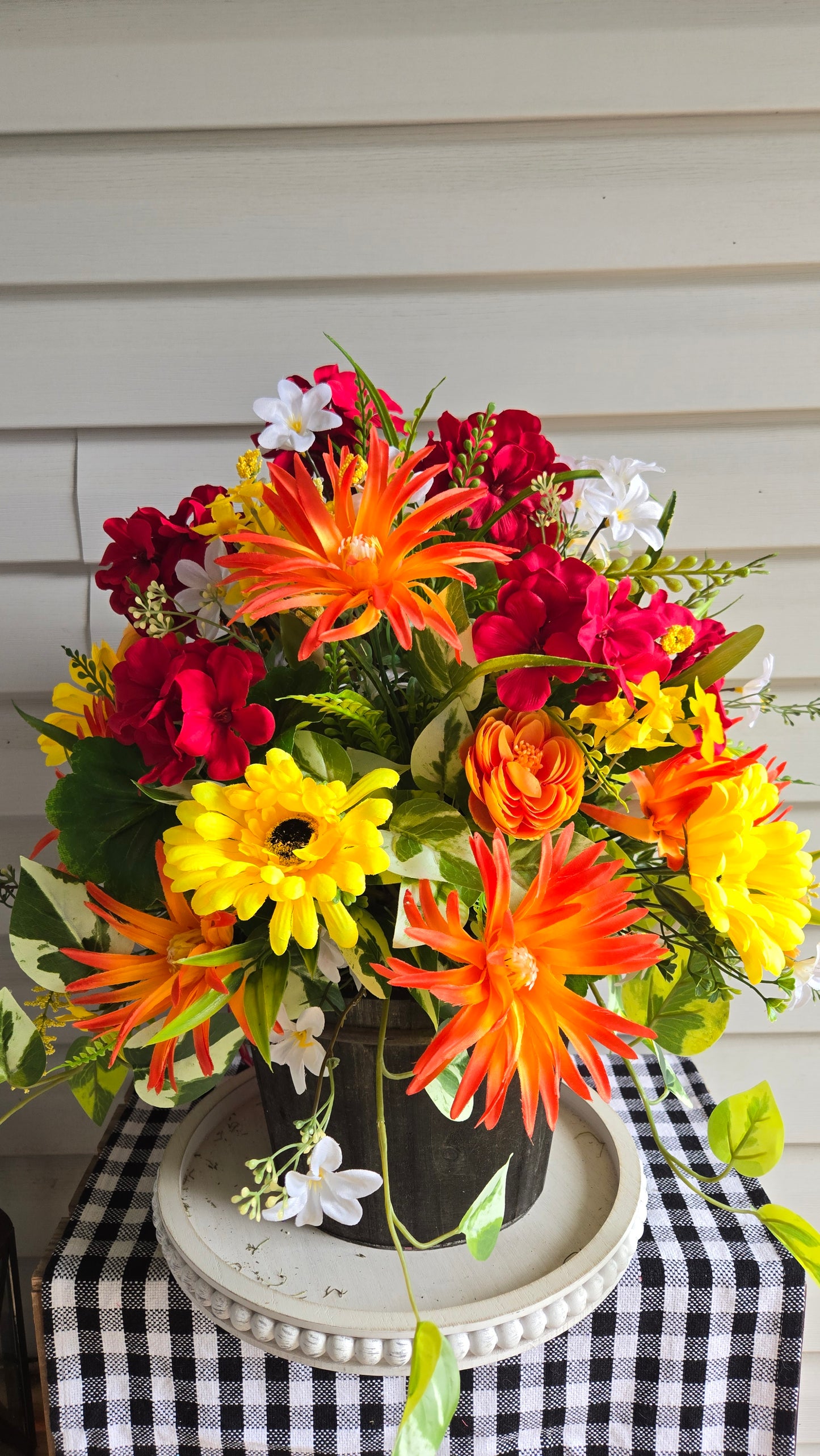 Sunflower & Geranium Faux Flower Arrangement in Rustic Wood Planter