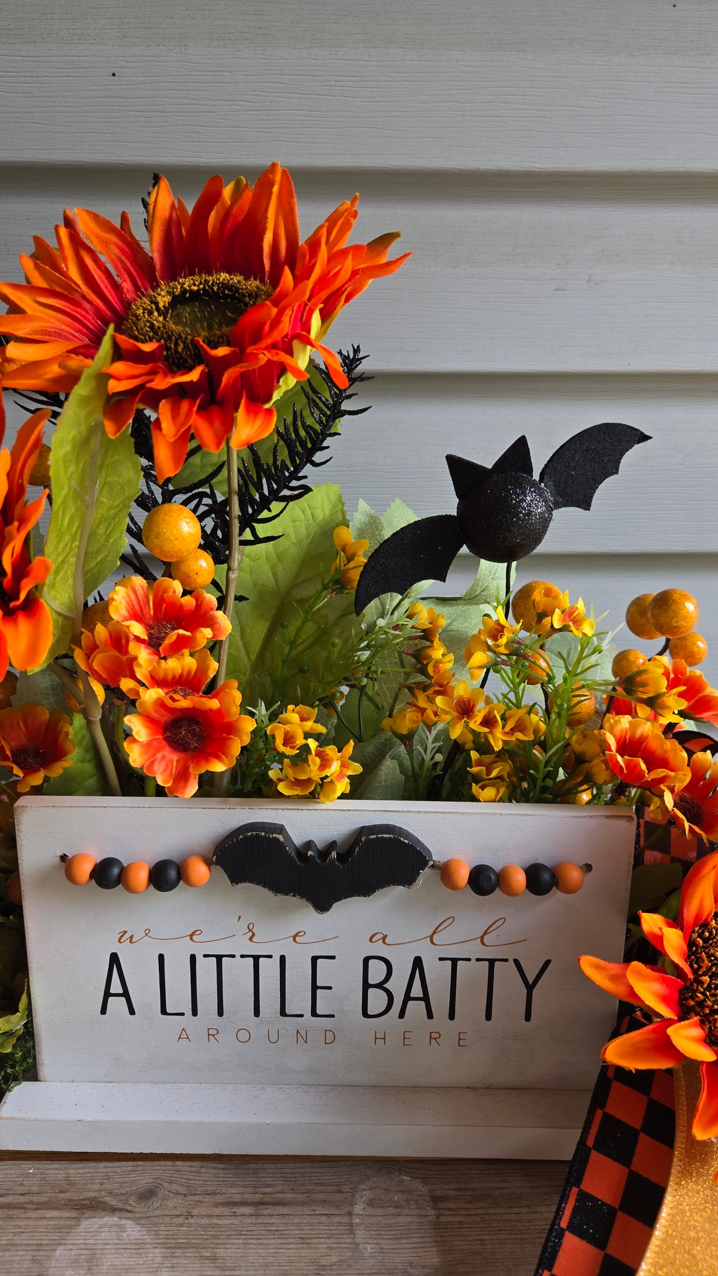 We're All a Little Batty Halloween Sunflower Floral Arrangement | Halloween Table Centerpiece
