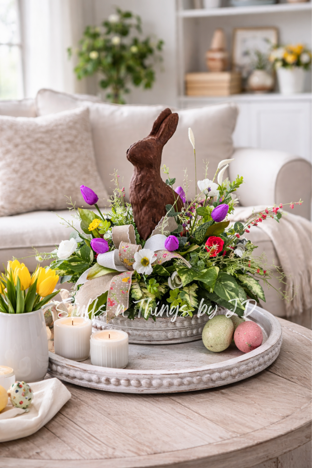 Easter Centerpiece with Faux Chocolate Bunny | Gold Tray Spring Arrangement