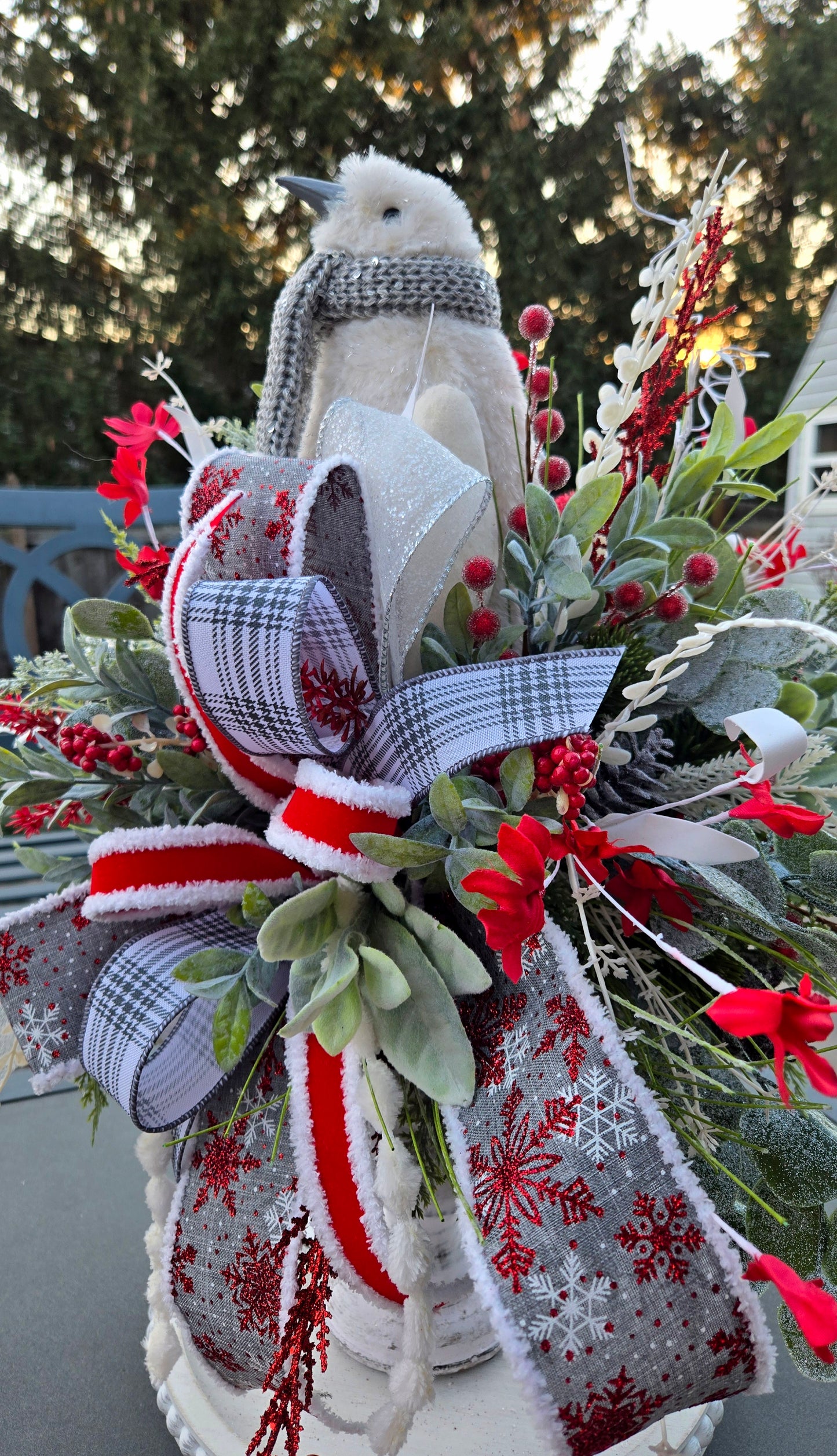 Winter Penguin Christmas Candlestick Centerpiece | Elegant Red, White & Silver Holiday Table Decor