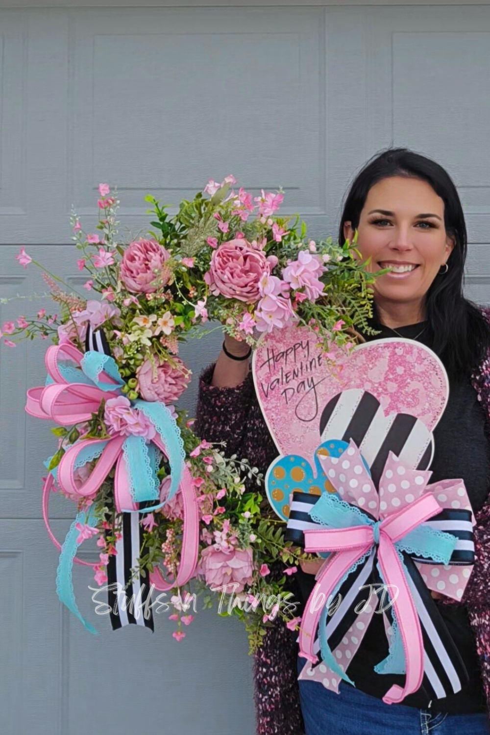 Romantic Valentine’s Day Wreath - Pink & Aqua Floral Heart Grapevine Door Decor