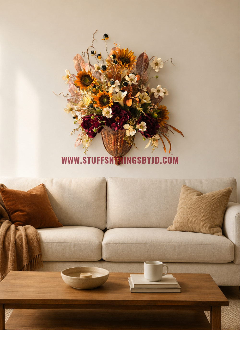 Copper Harvest Wall Pocket Arrangement | Luxury Fall Floral Wall Decor with Sunflowers & Burgundy Blooms