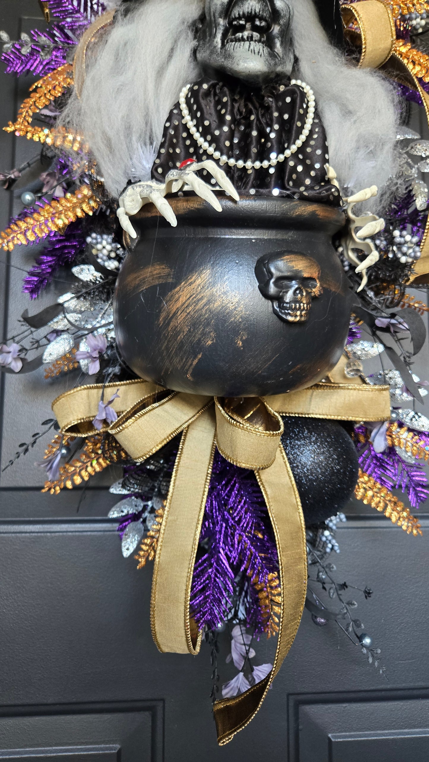 Creepy Witch Cauldron Halloween Swag – Spooky Purple, Black, Orange and Gold Door Décor