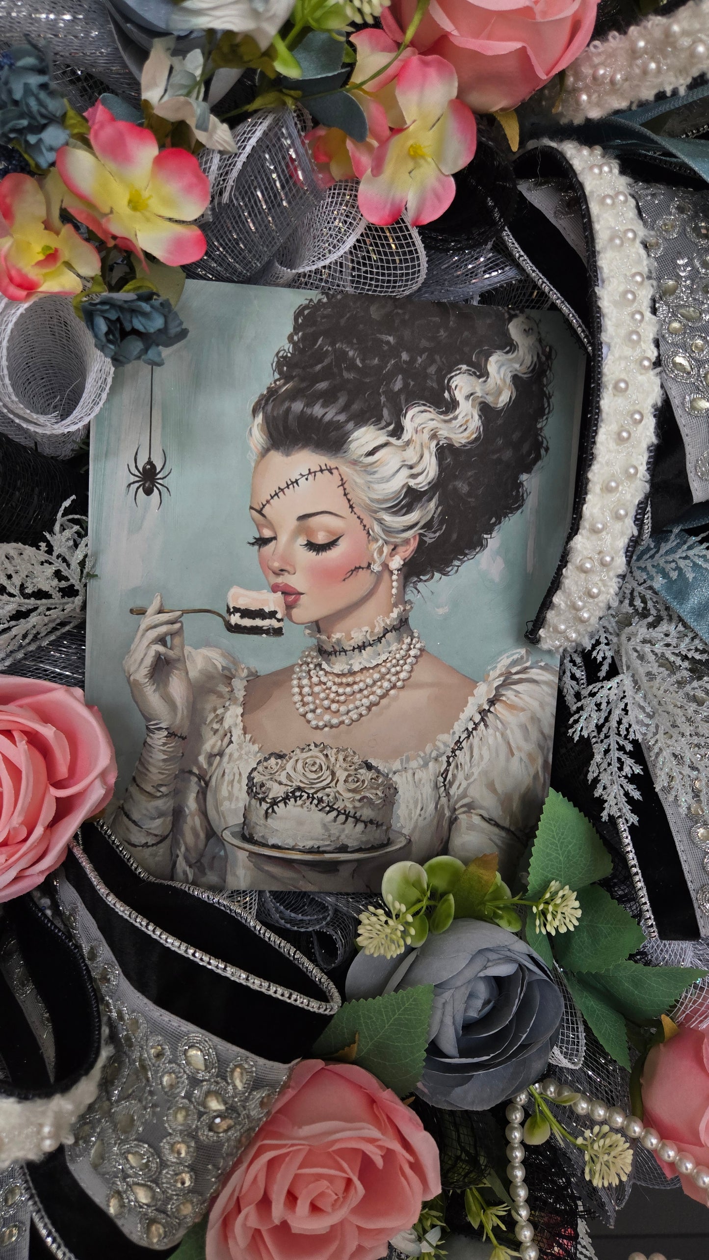 Bride of Frankenstein Halloween Wreath | Gothic Glam Front Door Decor