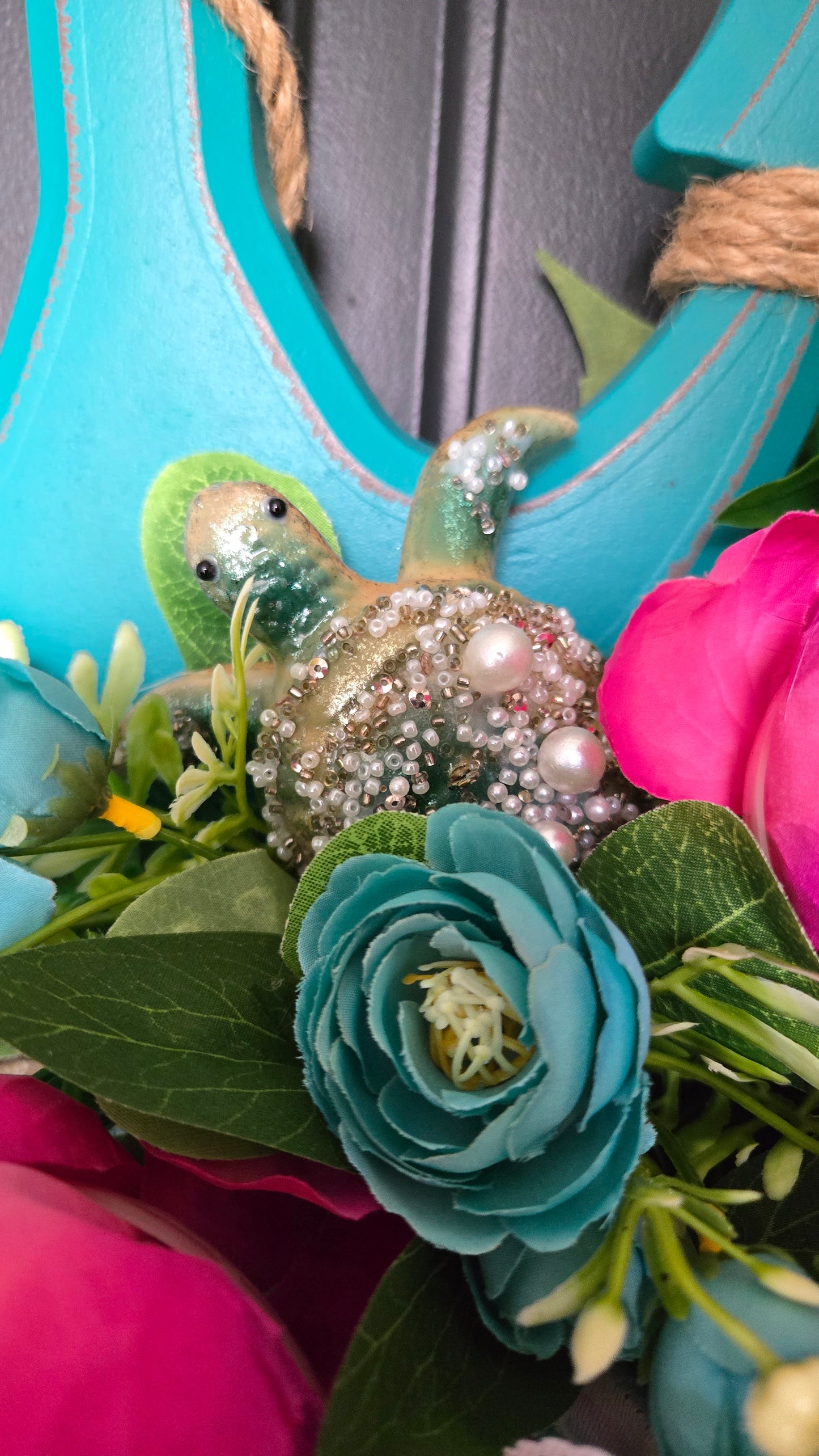 Coastal Bead Wreath with Turquoise Anchor & Lush Florals | Oversized Front Door Statement