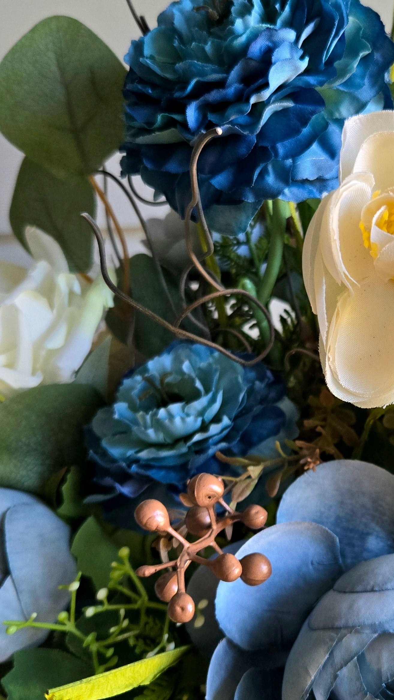 Blue Ranunculus & Cream Rose Floral Arrangement in Ceramic Planter | 16" Luxury Centerpiece
