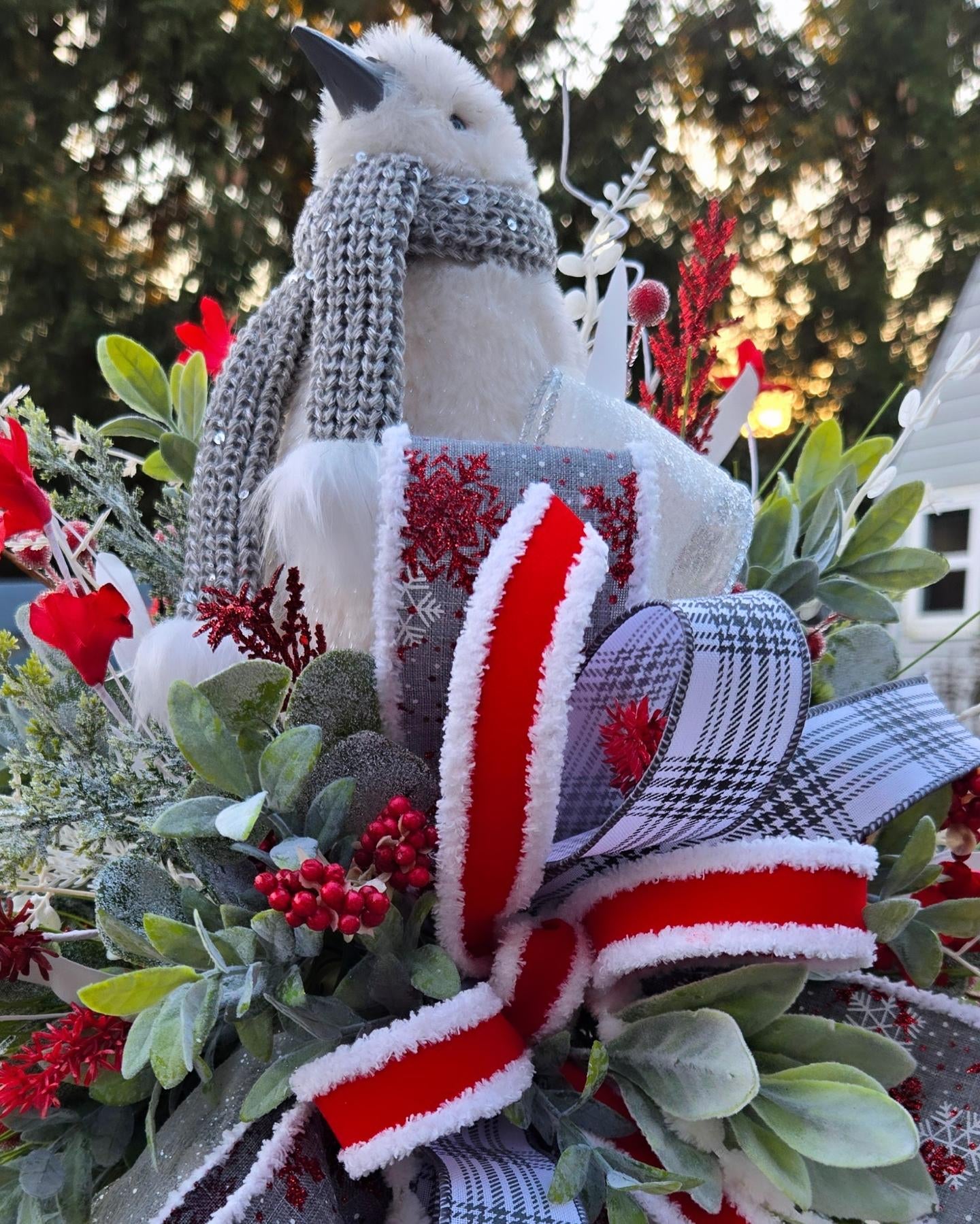 Winter Penguin Christmas Candlestick Centerpiece | Elegant Red, White & Silver Holiday Table Decor