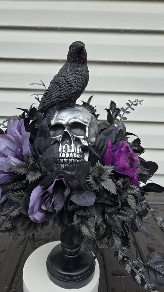Halloween Floral Arrangement - Gothic Skull Candlestick Centerpiece with Raven
