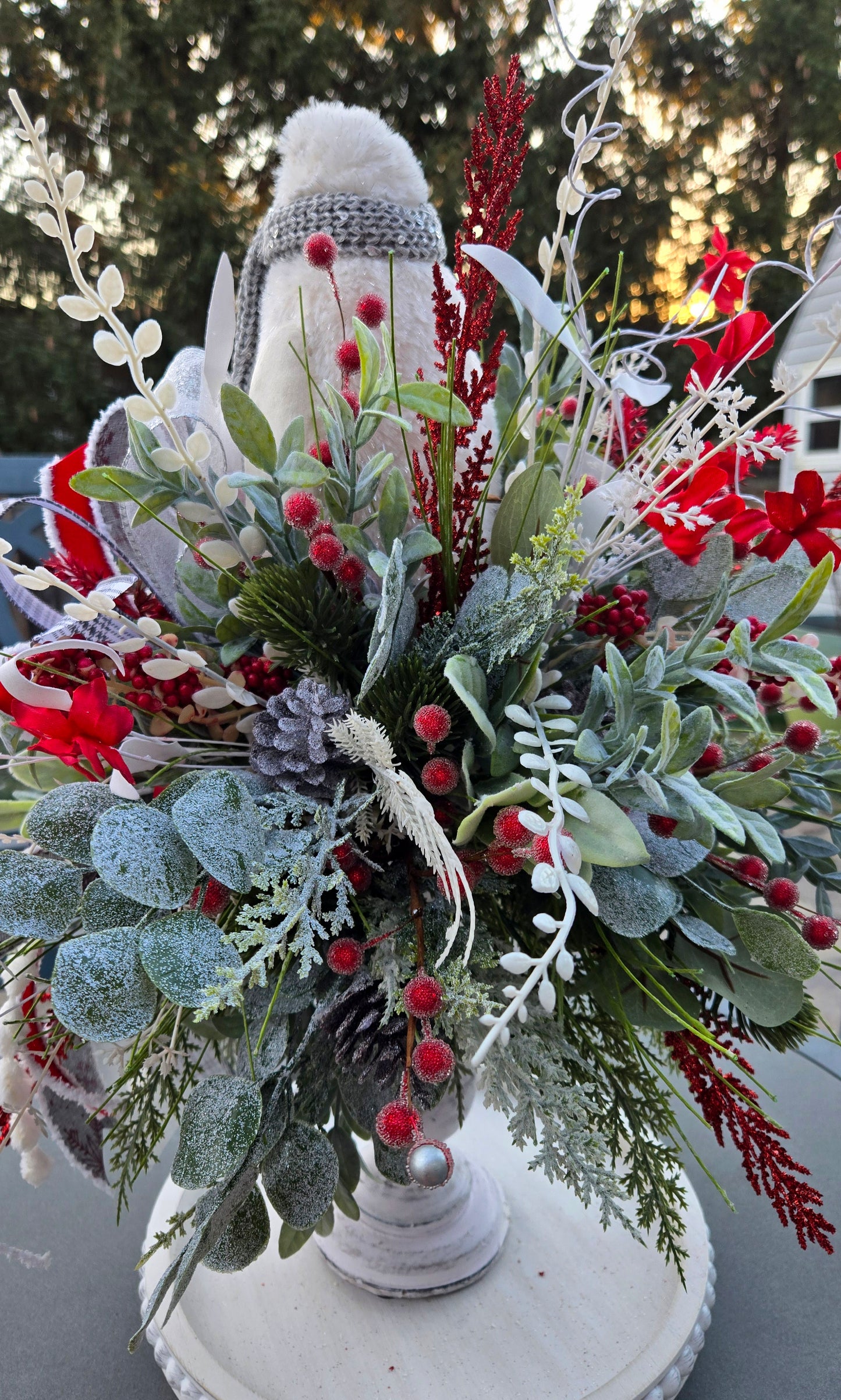 Winter Penguin Christmas Candlestick Centerpiece | Elegant Red, White & Silver Holiday Table Decor
