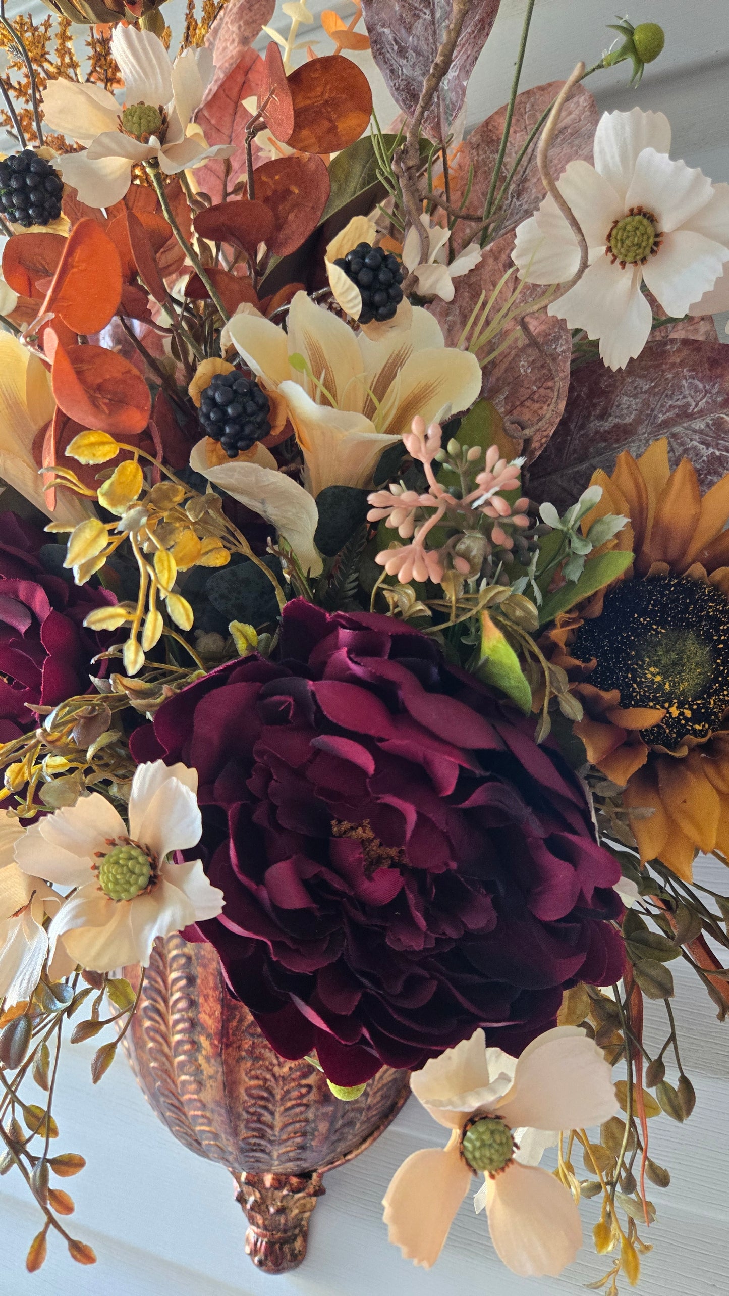 Copper Harvest Wall Pocket Arrangement | Luxury Fall Floral Wall Decor with Sunflowers & Burgundy Blooms