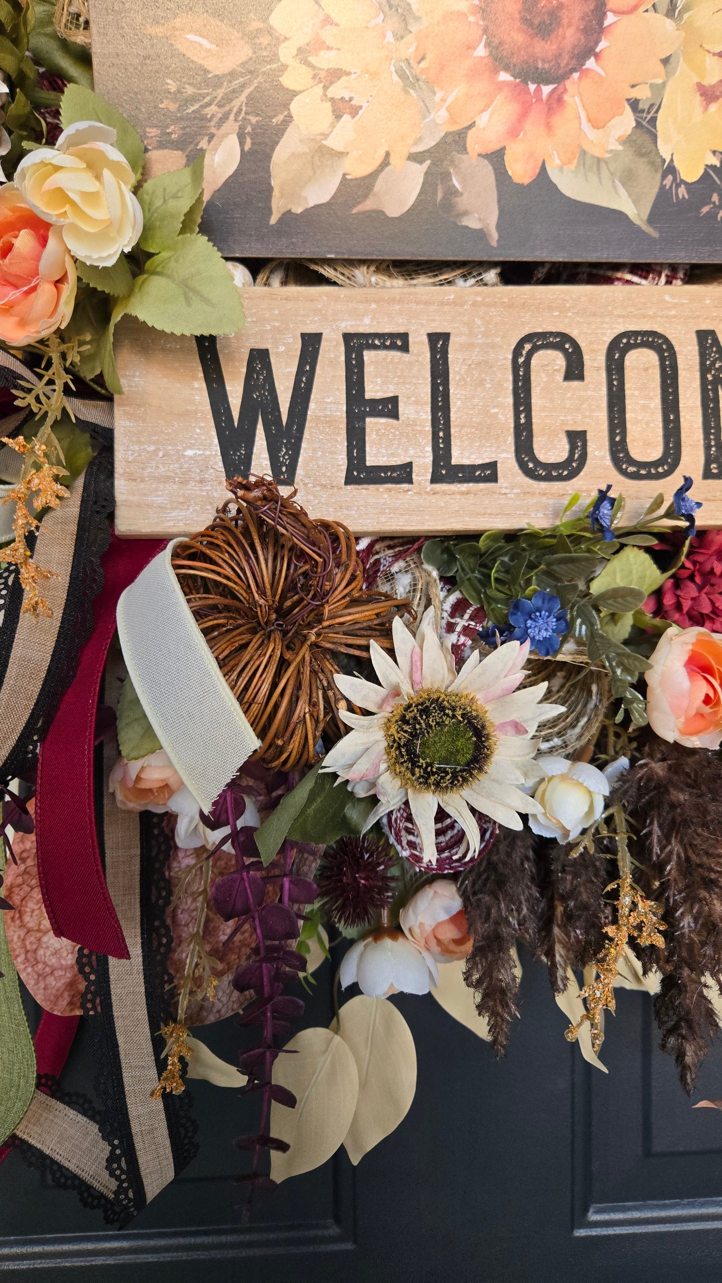 Fall Welcome Wreath with Sunflowers & Grapevine Pumpkin - Rustic Thanksgiving Farmhouse Front Door Décor