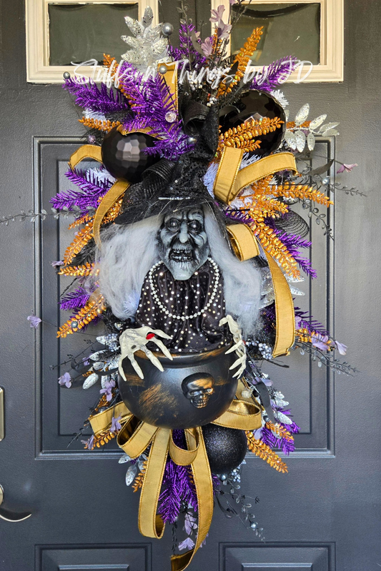 Creepy Witch Cauldron Halloween Swag – Spooky Purple, Black, Orange and Gold Door Décor