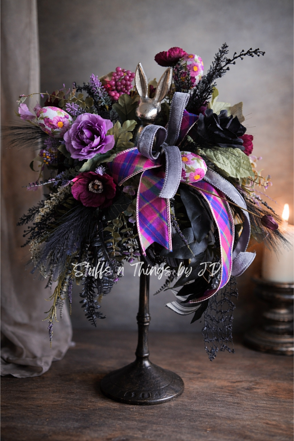 Gothic Arrangement - Academia Purple Sitting Bunny Candlestick Centerpiece