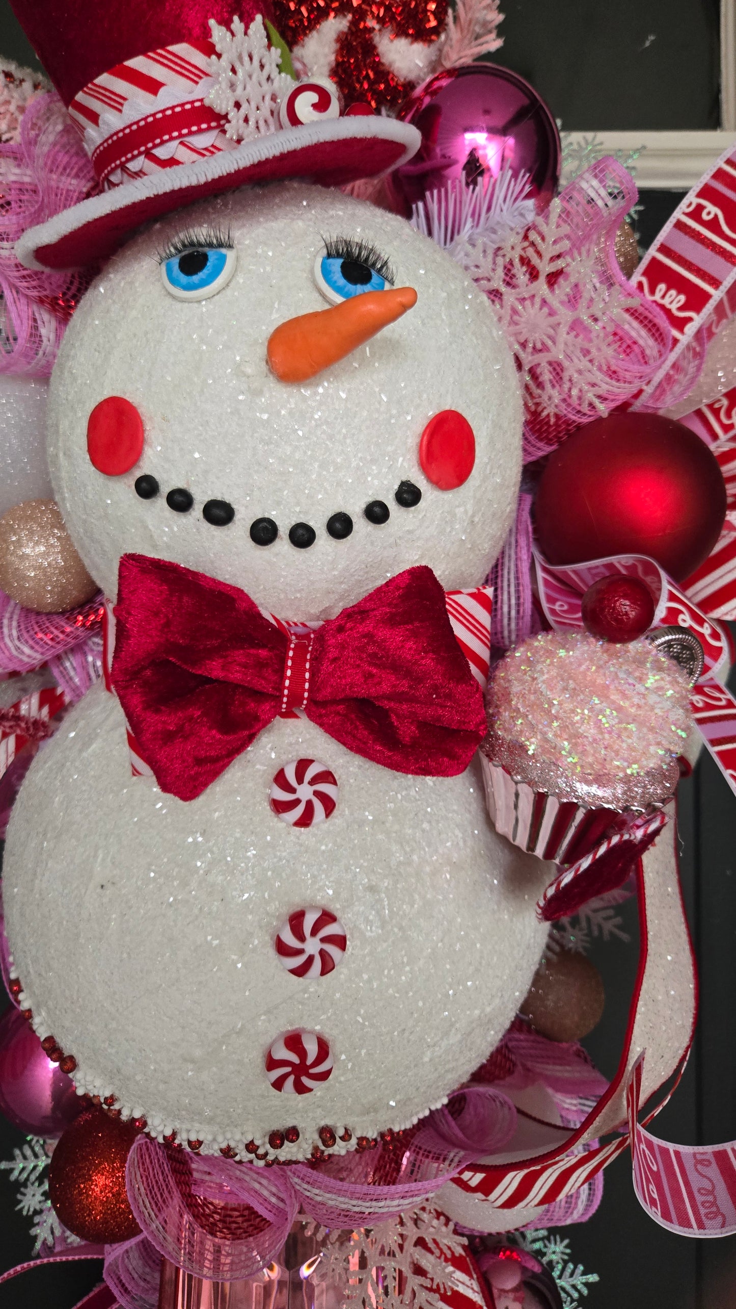 Pink Peppermint Snowman Swag – Winter Wreath Door Decor