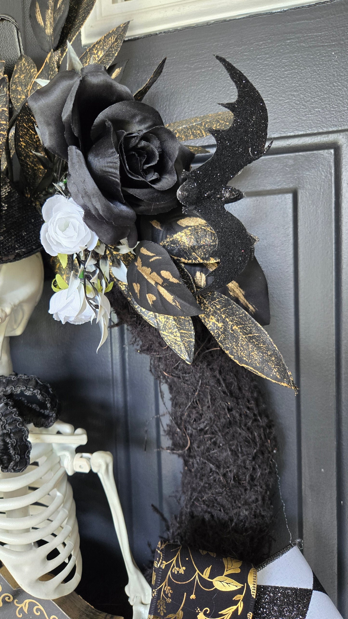 Literally Dead Skeleton Halloween Door Wreath | Large Black, White & Gold Gothic Halloween Decor