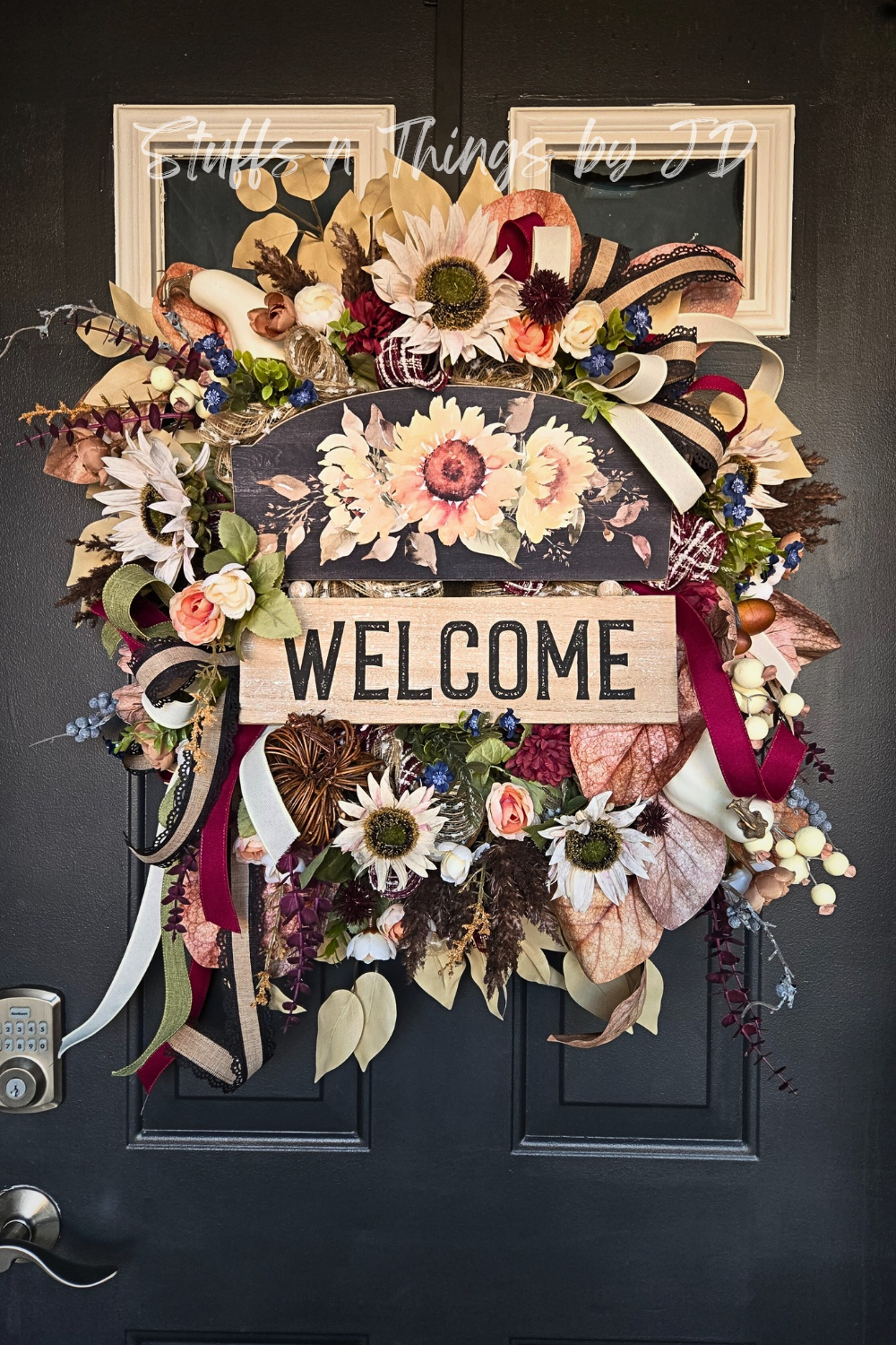 Fall Welcome Wreath with Sunflowers & Grapevine Pumpkin - Rustic Thanksgiving Farmhouse Front Door Décor