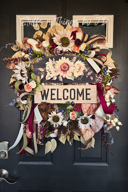 Fall Welcome Wreath with Sunflowers & Grapevine Pumpkin - Rustic Thanksgiving Farmhouse Front Door Décor