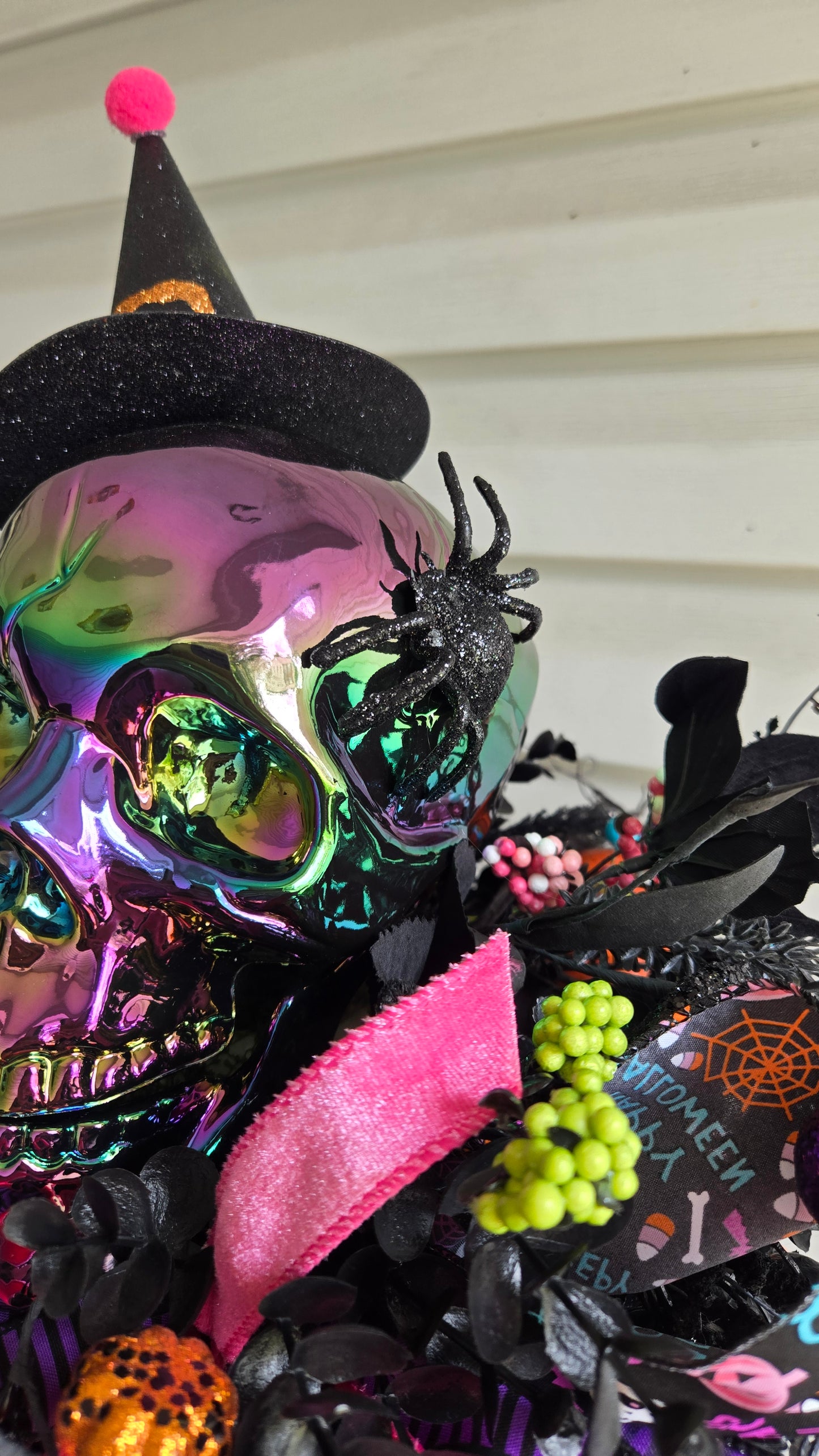 Halloween Witches Broom Skull Centerpiece | Colorful Witch Hat Table Decor | One-of-a-Kind Spooky Arrangement